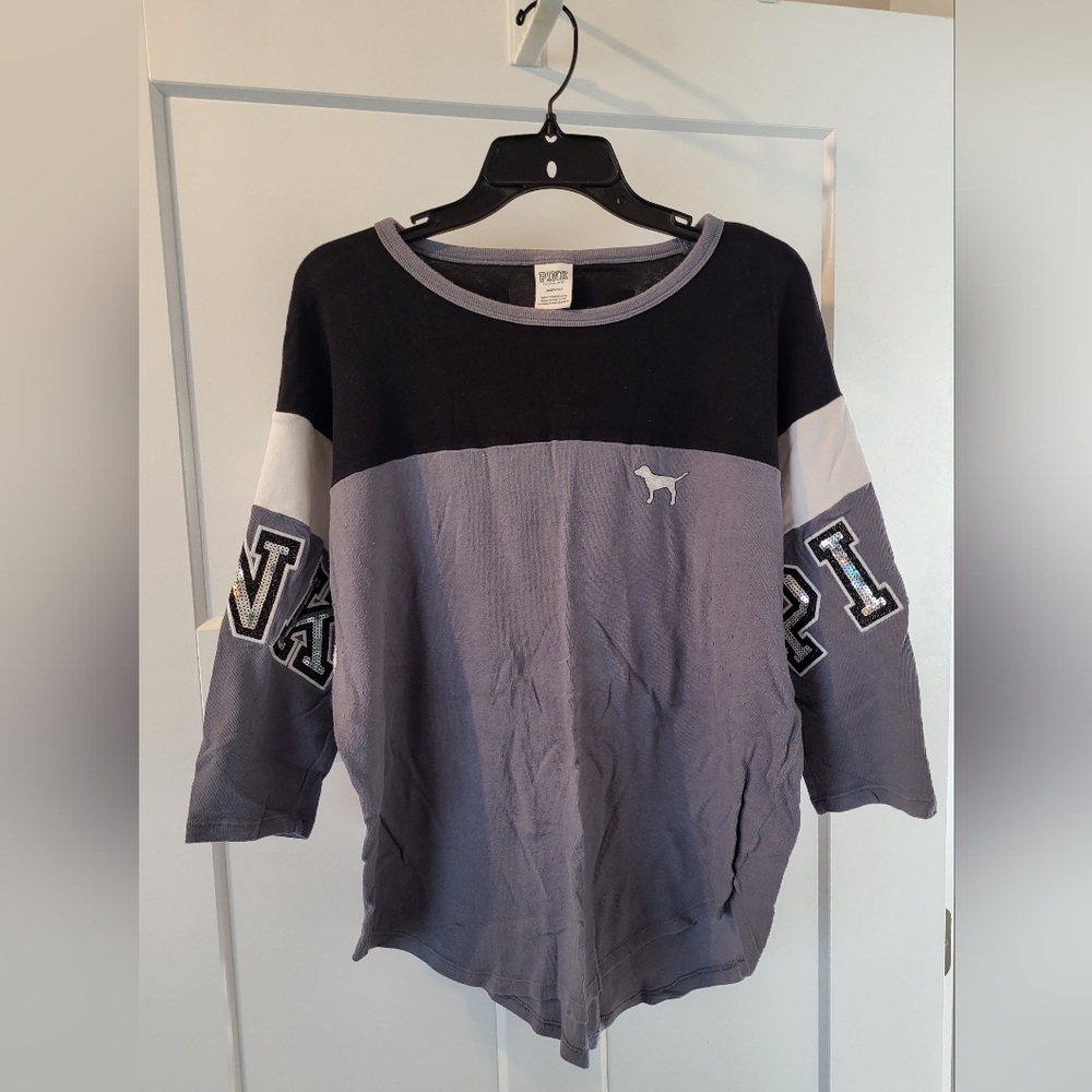 VS PINK Black Grey Silver Stripe Bling Jersey Top